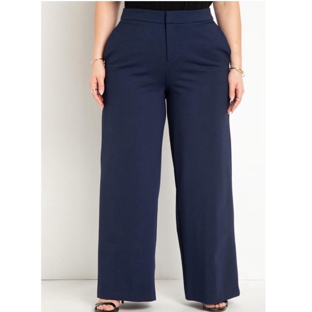 NWT Eloquii High Rise Flared Wide Leg Crepe Trouser Pant Minimalist Navy 18